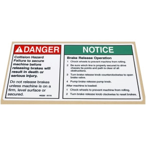 Genie Lift Part # 44220GT - DECAL,DANGER,BRAKE REL SAFETY*, EA