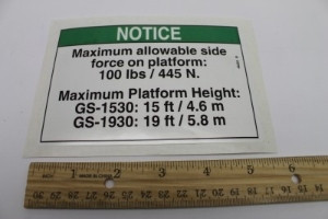 Genie Lift Part # 44253GT - DECAL,NOTICE,SIDE FORCE,ANSI, EA