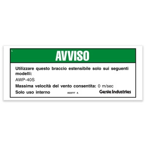 Genie Lift Part # 46207ITGT - DECAL,NOTICE,40 INCH OUTRIGGER, EA