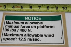 Genie Lift Part # 48332GT - DECAL,NOTICE,90 FORCE/12.5WIND, EA