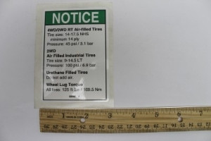 Genie Lift Part # 52447GT - DECAL,NOTICE,TIRE SPECS***, EA