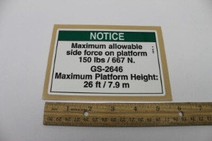 Genie Lift Part # 52610GT - DECAL,NOTICE,SIDE FRC,2646ANSI, EA