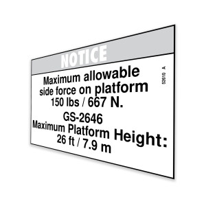 Genie Lift Part # 52610GT - DECAL,NOTICE,SIDE FRC,2646ANSI, EA