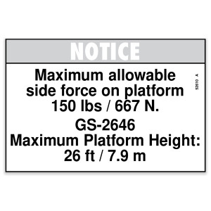 Genie Lift Part # 52610GT - DECAL,NOTICE,SIDE FRC,2646ANSI, EA