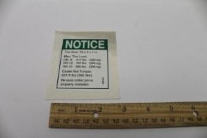 Genie Lift Part # 72156GT - DECAL,NOTICE,TIRE SPECS,GR***, EA
