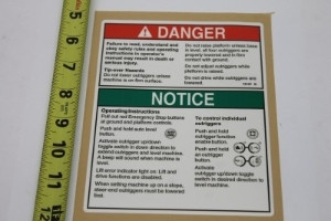 Genie Lift Part # 72197GT - DECAL,DANGER,OUTRIGGER SAFETY, EA