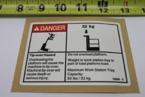 Genie Lift Part # 72850GT - DECAL,DANGER,MAX CAP TRAY,WRD, EA
