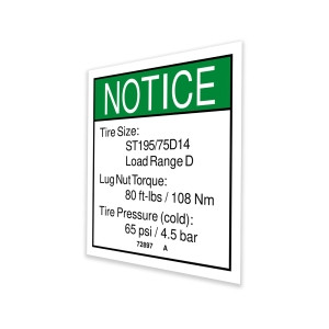 Genie Lift Part # 72897GT - DECAL,NOTICE,TIRE SPECS, EA