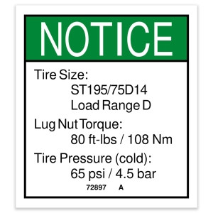 Genie Lift Part # 72897GT - DECAL,NOTICE,TIRE SPECS, EA