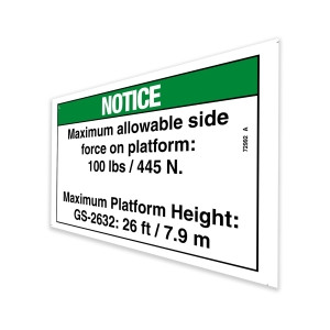 Genie Lift Part # 72992GT - DECAL,NOTICE,SIDE FRC,2632ANSI, EA