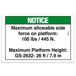 Genie Lift Part # 72992GT - DECAL,NOTICE,SIDE FRC,2632ANSI, EA