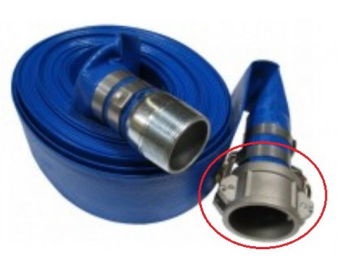 Close-up of the aluminum quick disconnect coupler on the Multiquip HDQ650C discharge hose.