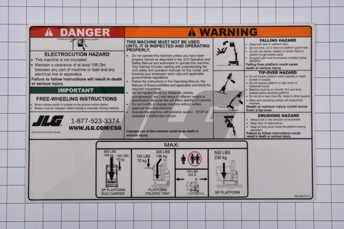 JLG Part # 1001091177 | DECAL,WARNING/INSTRUCTION, EA