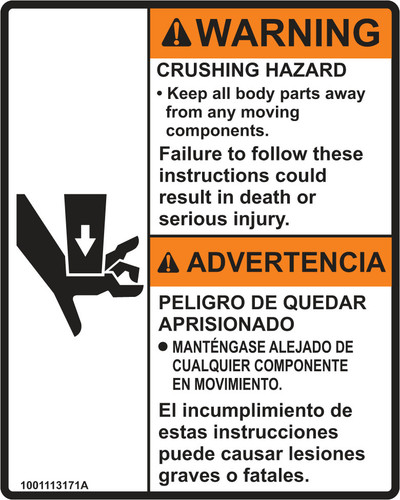 JLG Part # 1001113171 | DECAL,HAND CRUSHING, EA
