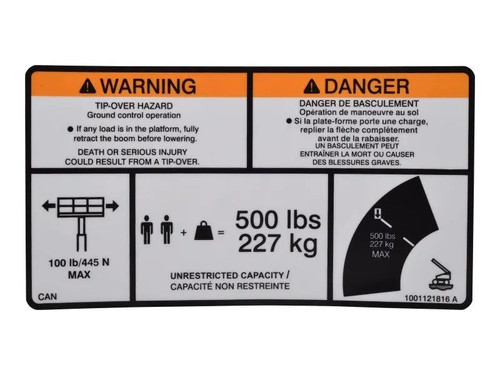 JLG Part # 1001121816 | DECAL,WARNING, MAX CAP.ENG/FRE, EA