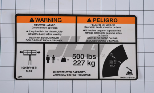 JLG Part # 1001121818 | DECAL,WARNING, MAX CAP., EA