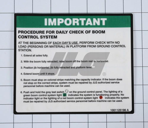 JLG Part # 1001125196 | DECAL,BCS DAILY CHECK, EA
