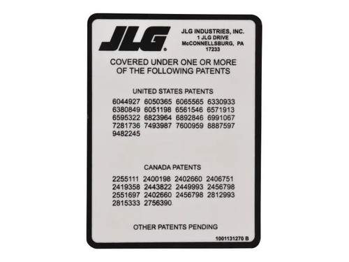 JLG Part # 1001131270 | DECAL,PATENT, SIZZORS, EA