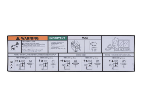 JLG Part # 1001101420 | DECAL,SKY GLAZIER CAPACITY, EA