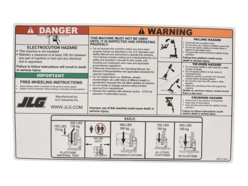 JLG Part # 1001117185 | DECAL,WARNING/INSTRUCTION DOM, EA