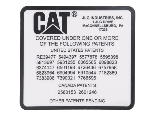 JLG Part # 1001133703 | DECAL,PATENT TELEHANDLERS, EA