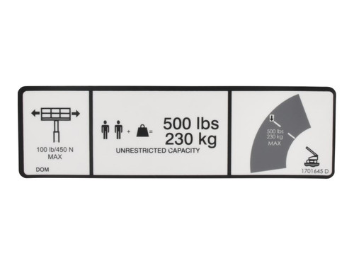 JLG Part # 1701645 | DECAL, 500 LBS. MAX CAP, EA