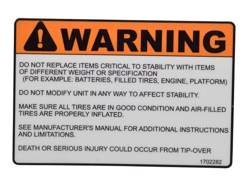 JLG Part # 1702282 | DECAL, (WARNING), EA