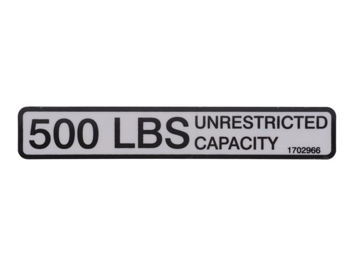 JLG Part # 1702966 | DECAL, 500# CAP 1.00 X 6.00, EA