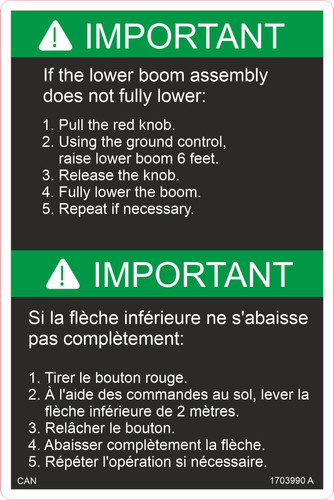 JLG Part # 1703990 | DECAL,UPRIGHT LEVEL OVERRIDE, EA