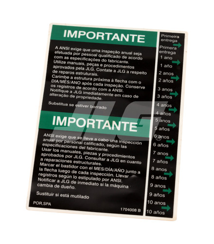 JLG Part # 1704008 | DECAL, INSPECTION (LAT), EA