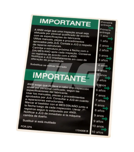 JLG Part # 1704008 | DECAL, INSPECTION (LAT), EA