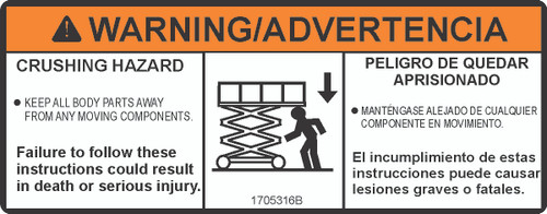 JLG Part # 1705316 | DECAL,WARNING CRUSHING, EA