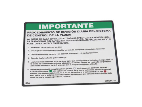JLG Part # 1705447 | DECAL,BCS DAILY CHECK-SPA, EA