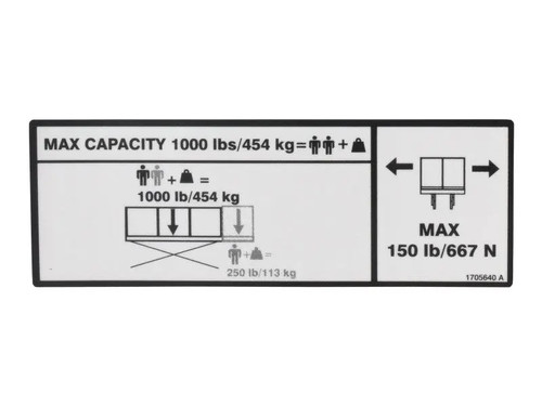 JLG Part # 1705640 | DECAL,CAPACITY 1000LB - 454KG, EA