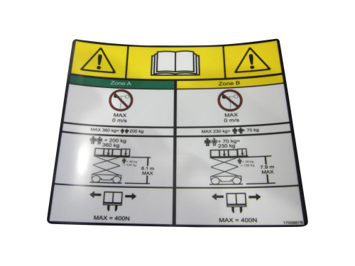 JLG Part # 1705887 | DECAL,CAPACITY (230KG,360KG), EA