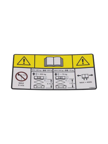 JLG Part # 1705942 | DECAL,CAPACITY (230KG,360KG), EA