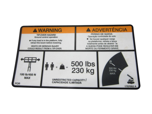 JLG Part # 1707052 | DECAL,CAP. 500LB (POR/ENG), EA