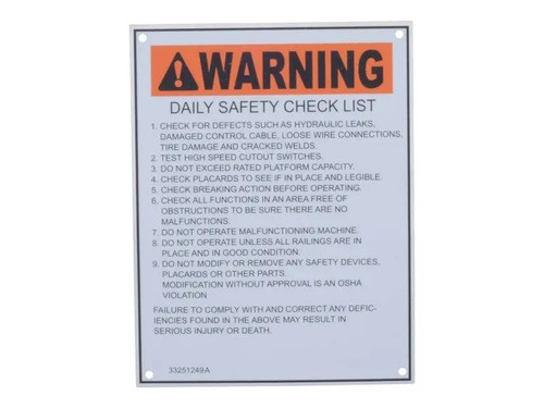 JLG Part # 3251249 | NAMEPLATE, WARNING, EA