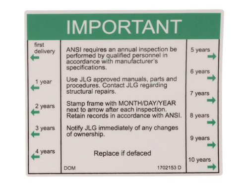 JLG Part # 1702153 | DECAL, INSPECTION, EA