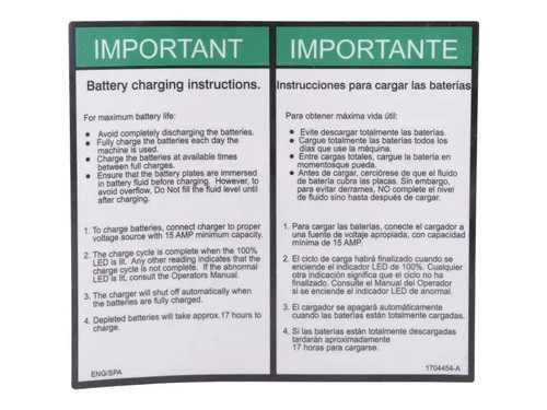 JLG Part # 1704454 | DECAL,CHARGING INSTR ENG/SPA, EA