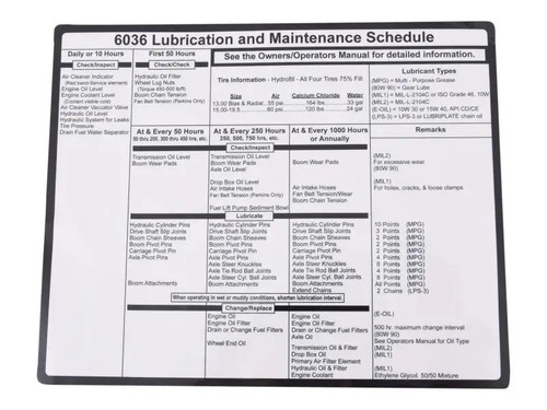 JLG Part # 4110126 | DECAL LUBE & MAINT CHART 6036, EA