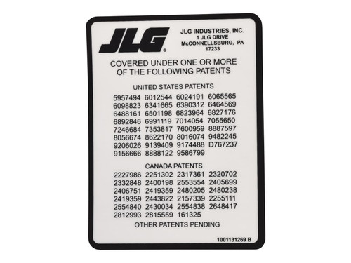 JLG Part # 1001131269 | DECAL,PATENT, BOOMS, EA