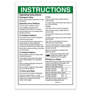 Genie Lift Part # 1257188GT - DECAL, OP INST,PLAT,GS46, ANSI, EA