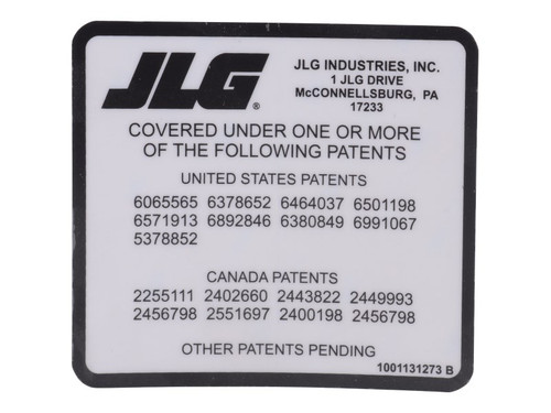 JLG Part # 1001131273 | DECAL,PATENT, VERTICALS, EA