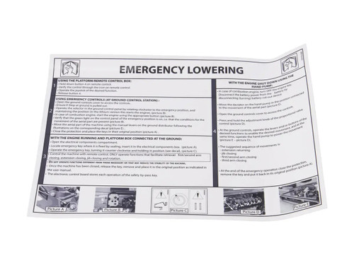 JLG Part # 076791GB | DEECAL, EMERGENCY LOWERING, EA