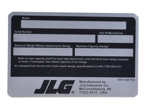 JLG Part # 1001154575 | DECAL,NAMEPLATE, EA