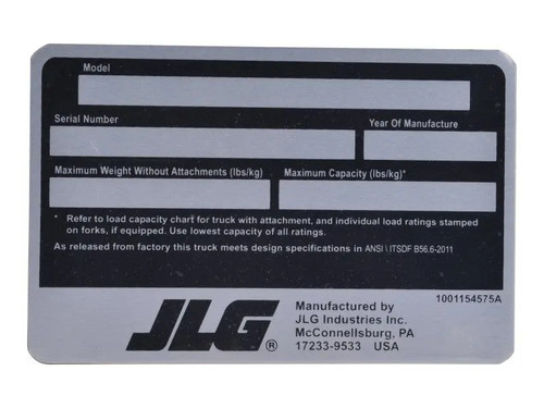 JLG Part # 1001154575 | DECAL,NAMEPLATE, EA