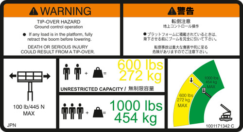 JLG Part # 1001171342 | DECAL,WARNING DUAL CAP. (JPN), EA