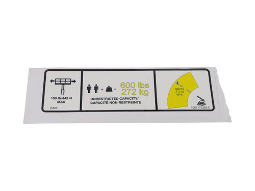 JLG Part # 1001171353 | DECAL,WARNING MAX CAP. (FRE), EA