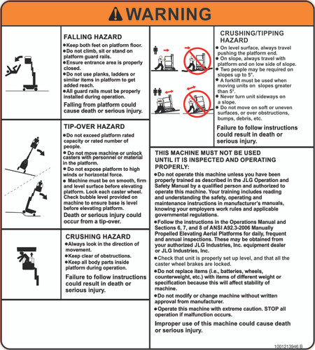 JLG Part # 1001213946 | DECAL,WARNING, EA